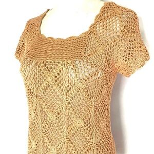 Vintage 70s Hand Crochet Knit Lace Top Tan Like New